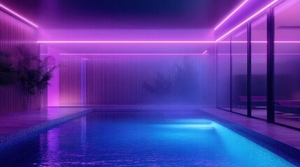 Outdoor swimming pool with purple and blue neon lighting, fog, cinematic atmosphere