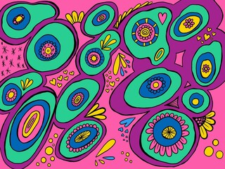 An abstract illustration filled with vibrant ornaments and bold colors, reminiscent of hippie or psychedelic inspired art.
