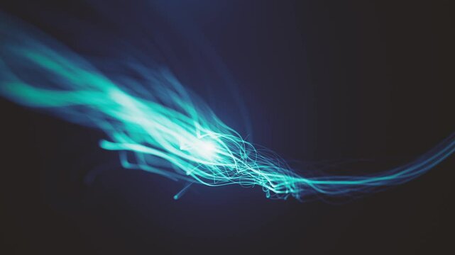 Abstract Slow Motion Swirling Strings Background/ Animation of a technology background with swirling and spiralling neon glowing particles strings with depth of field