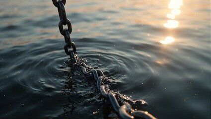 Sunlit anchor chain disappears into deep waters