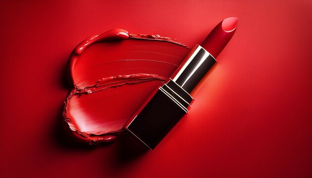 red lipstick with smudged swatches on vibrant red background makeup beauty cosmetics fashion red bold vibrant