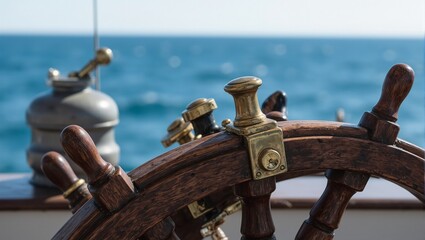 Vintage ships wheel with leather grip against ocean horizon