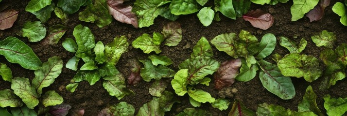 Obraz premium Green and red lettuce leaves on soil surface in organic garden close-up