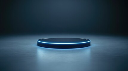 Futuristic Round Display Platform with Soft Blue Glow on Dark Background for Product Presentation and Creative Visuals in Advertisement and Marketing