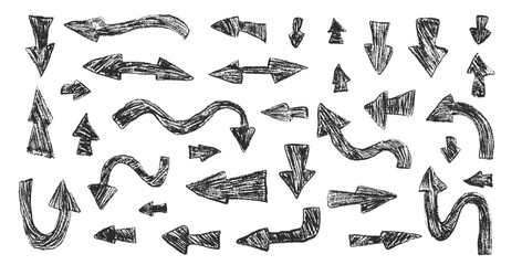 Arrow set crayon drawing. Chalk handwritten symbols. Pointers by pencil isolated on white background. Vector hand drawn illustration