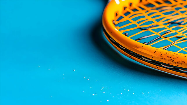 A close-up of a tennis racket in vivid detail. The background fades into no shadows A vibrant yet realistic color palette emphasizing the color of the racket