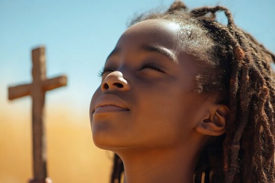 Young girl praying with wooden cross in wheat field