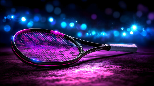 A close-up of a tennis racket in vivid detail. The background fades into no shadows A vibrant yet realistic color palette emphasizing the color of the racket