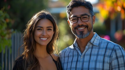 Obraz premium Young Latin couple and realtor walking along suburban fences, enjoying the area,