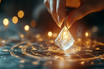 An astrologer using a crystal pendulum over a zodiac chart, with soft lighting adding mystique to the scene