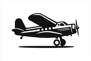 Simple black vector logo of an old airplane, white background, no shadows, simple shapes and lines