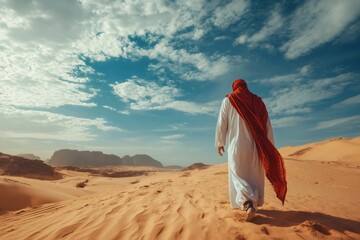 Bedouin man walking in wadi rum desert, jordan, exploring the vast landscape