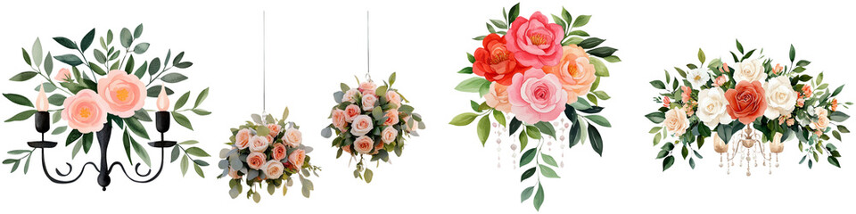 Fototapeta premium Bouquet Outdoor and Chandeliers, A vibrant arrangement of various flowers showcasing different colors and styles, elegantly presented in a decorative format.