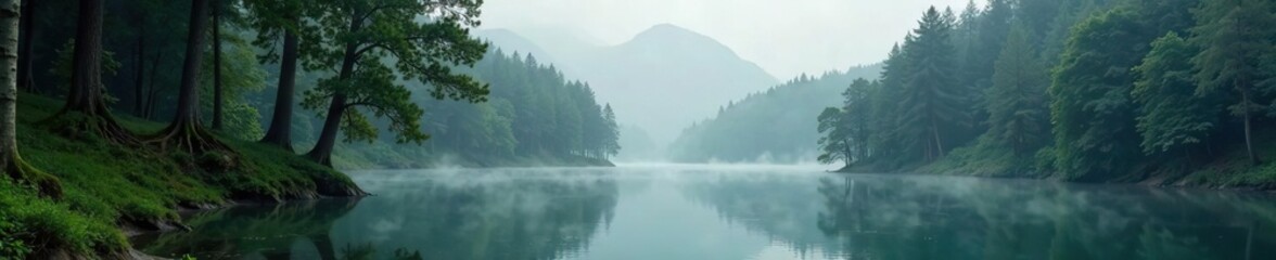 Fototapeta premium Forest surroundings with gentle mist near Kurchum River, misty, kurchum river, serene