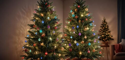 Beautifully decorated Christmas tree with multicolored lights on branches, festive ambiance, evergreen tree, wintery wonderland