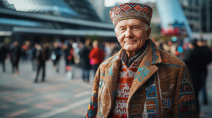 Fototapeta premium Elderly man in traditional Russian attire smiles amidst a bustling modern city backdrop