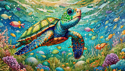 Oil painting style Cartoon character animated Underwater view capturing a green sea turtle gracefully swimming