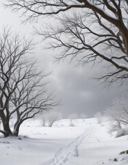 Obraz premium Bare tree branches stretching towards the grey sky amidst a blanket of fresh snow, snow covered landscape, cold weather , wintry scenery