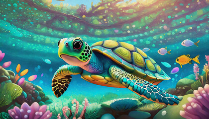 Obraz premium Oil painting style Cartoon character animated Underwater view capturing a green sea turtle gracefully swimming