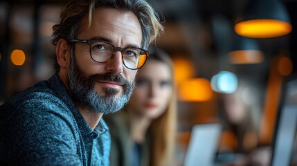 Business leaders collaborating on innovative software project, standing in city workspace,