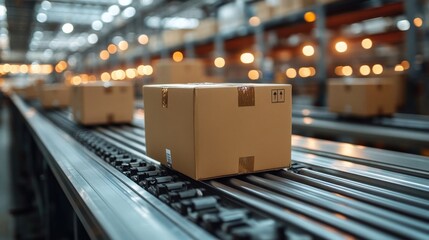 Cardboard Box on Automated Conveyor Belt in Warehouse
