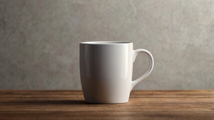 Fototapeta premium Minimalistic White Ceramic Coffee Mug Mockup on Wooden Table with Soft Natural Lighting