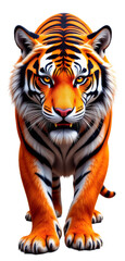 Orange and black striped tiger with white fur on transparent background