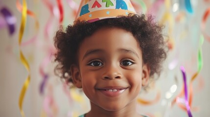 Joyful Celebration - Young Child in Party Hat with Streamers in Colorful Sketch, Happy Birthday Party with Playful Atmosphere and Deep Brown Skin Tone