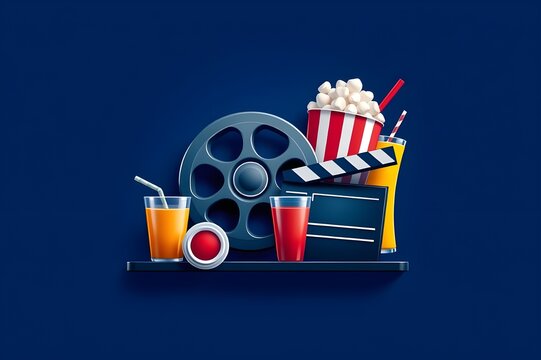 Tasty popcorn in buckets and cold cola drinks with cinema tickets, movie clapper and 3D eyeglasses isolated on white background. Cinema concept. Watching a movie.