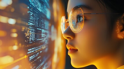 woman at a quantum computer reading complex algorythmes