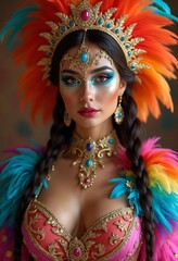 Naklejka premium A sexy girl in a colorful sumptuous carnival feather suit