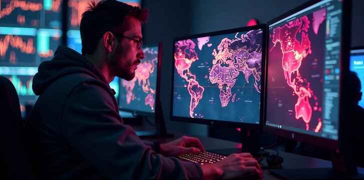 Person interacting with multiple monitors displaying vibrant geographic data.