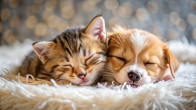 Generative AI captures the tender moment: a kitten and puppy sharing a sweet, slumberous embrace.