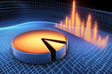 Abstract Blue Waves Background with Dynamic Graphics Featuring Pie Chart and Vibrant Data Visualization Elements