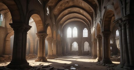 Obraz premium Ancient arches and columns supporting a vaulted ceiling in a ruined church , building, historic, church