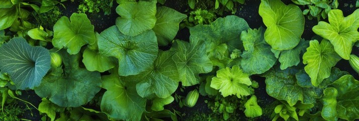 Lush green foliage of various vegetables viewed from above in garden setting