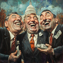 A satirical cartoon style image on the theme of corruption in politics or business, powerful middle aged men with money. 