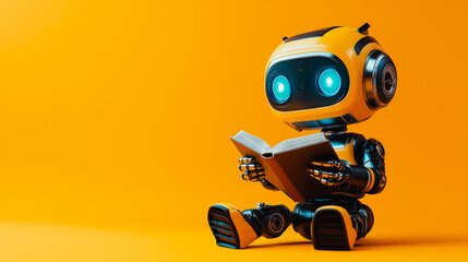 blue robot holding a book