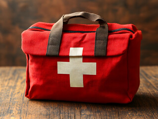 First aid kit sitting on rustic wooden table displaying white cross symbol