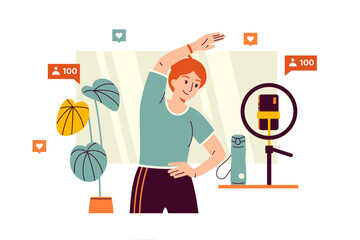 Illustration of a fitness blogger recording a video of her exercises for her followers using a smartphone on a tripod. A girl in a sports uniform shows an online workout. Health and lifestyle content