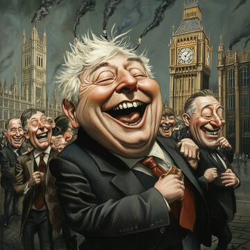A satirical cartoon style image on the theme of corruption in politics or business, powerful middle aged men with money. Square format. 