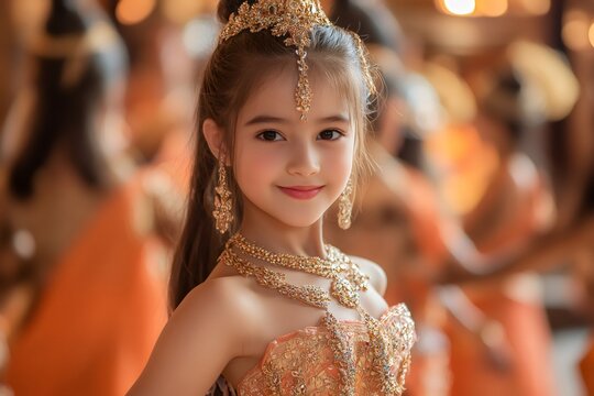 Young thai dancer girl wearing traditional costume and jewelry smiling