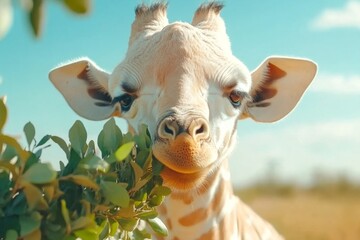 A close-up of a giraffe feeding on the leaves of an acacia tree, with a clear blue sky in the background