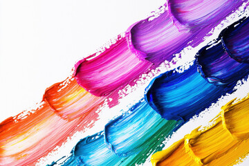 Overlapping acrylic brush strokes create a vibrant rainbow display with rich colors blending harmoniously