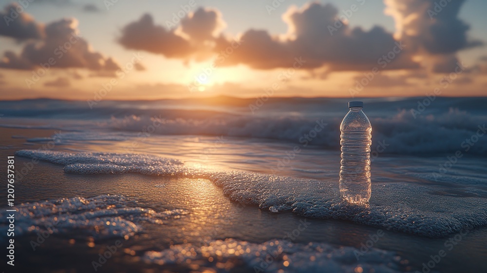 Canvas Prints Plastic bottle on beach at sunset. (4)