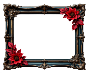 Ornate dark blue frame with gold accents and red flowers transparent background