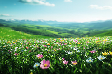 Vibrant wildflowers blooming across rolling green hills beneath a clear blue sky during the sunny afternoon