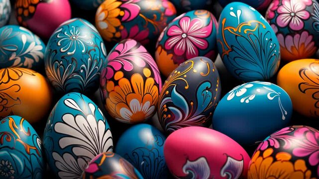Hand painted colorful stacked easter eggs wallpaper. Video, 4k, hd format, motion, movement, slow motion. Easter video background.
