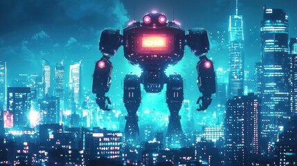 Obraz premium Cyberpunk Metropolis: Giant Robot Sentinel