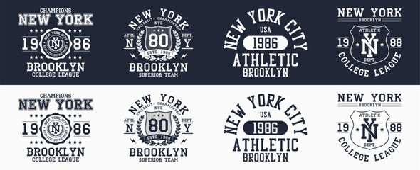 New York prints collection for t-shirt. New York city, Brooklyn typography graphics for clothes design. Set of college style t-shirts, apparel and sportswear designs. Vector.